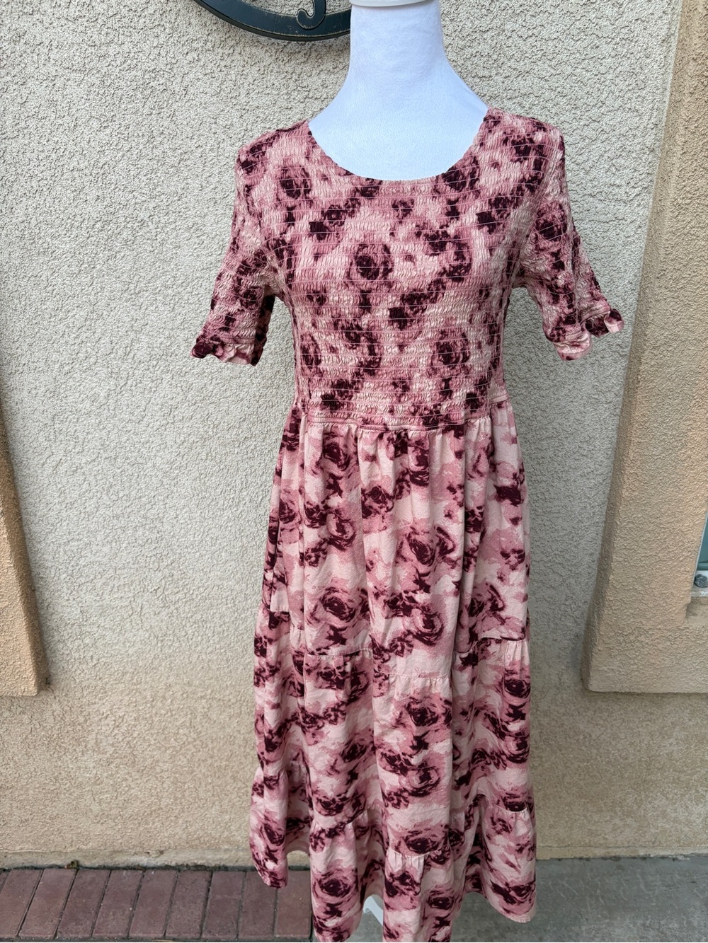 Pink Mauve Rose Print Smocked Bodice Tiered Midi Dress Cottagecore Boho